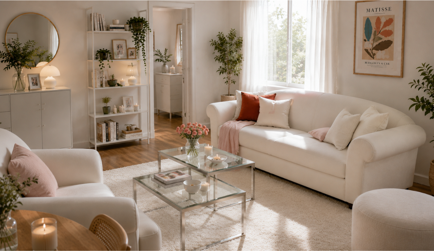 Açık renk küçük salon tasarımı